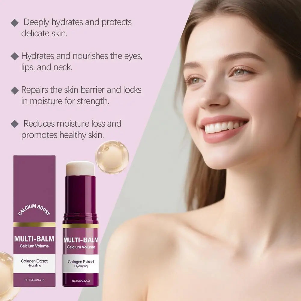 Zora Collagen Moisturizing Balm Stick for face, eye, and neck care, showing the sleek balm stick with natural ingredients in a compact container.