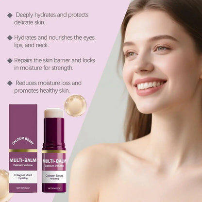 Zora Collagen Moisturizing Balm Stick for face, eye, and neck care, showing the sleek balm stick with natural ingredients in a compact container.