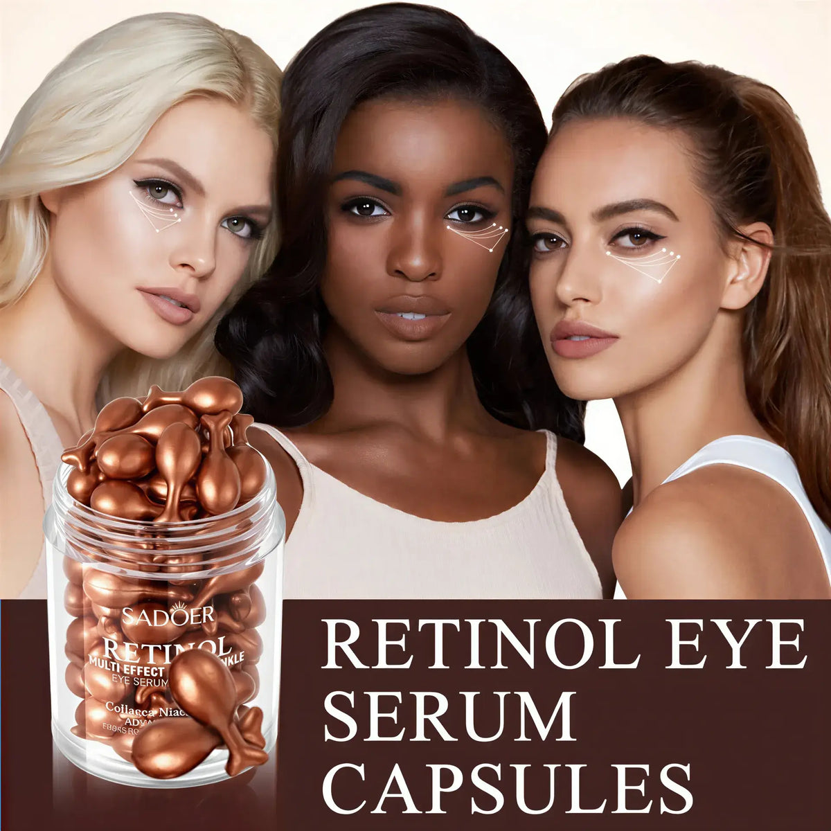 Zora Retinol Eye Serum Capsules in sleek packaging, designed for eye care to reduce fine lines and brighten the eye area.