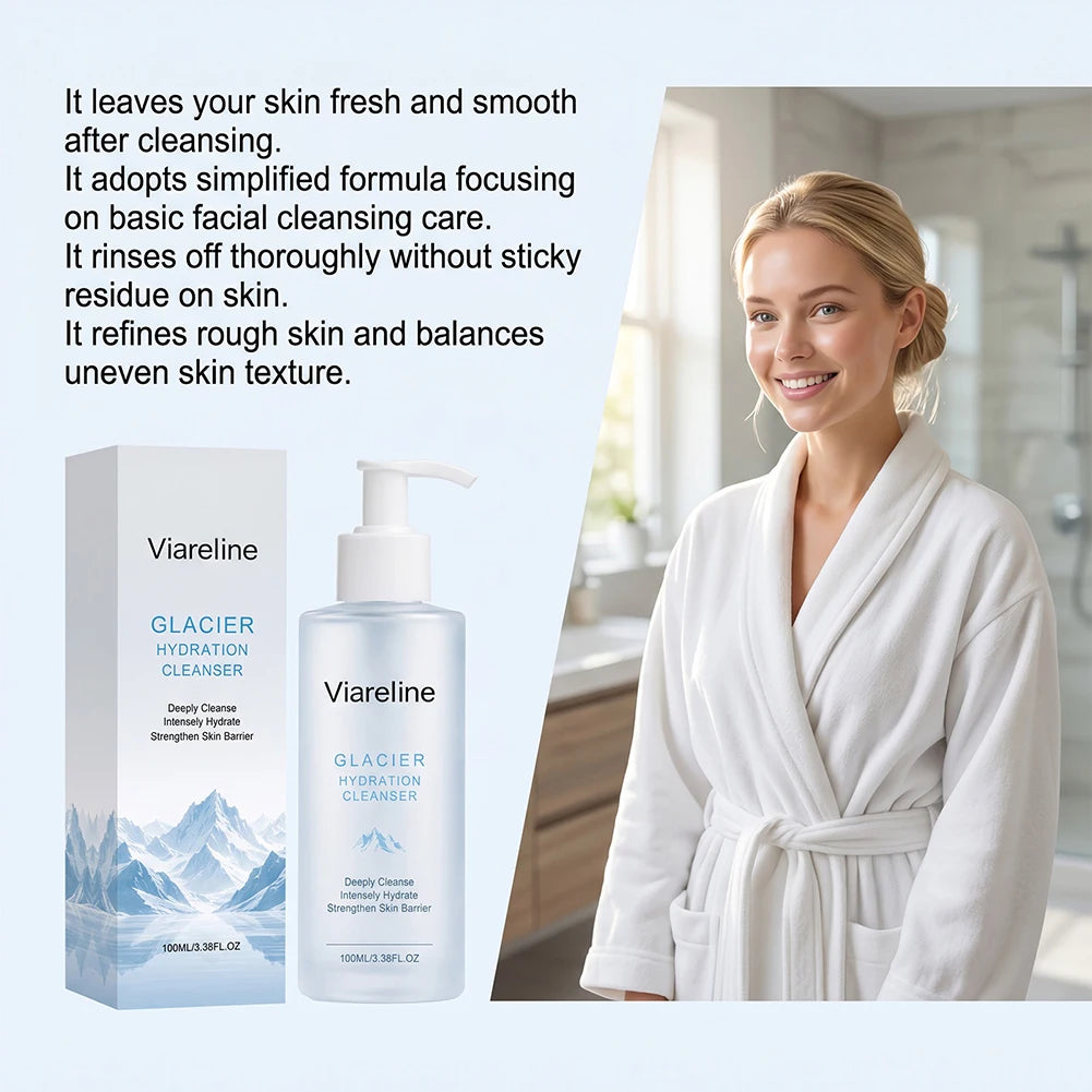 Zora Glacier Hydration Facial Cleanser for deep pore cleansing and gentle skincare, with a clear bottle and refreshing blue liquid.
