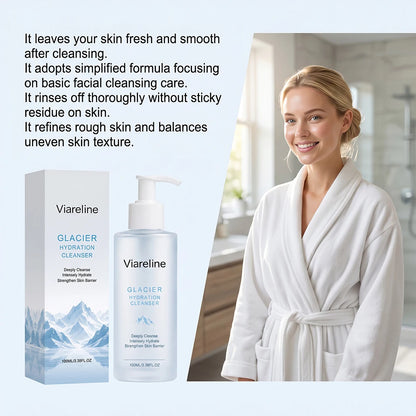 Zora Glacier Hydration Facial Cleanser for deep pore cleansing and gentle skincare, with a clear bottle and refreshing blue liquid.