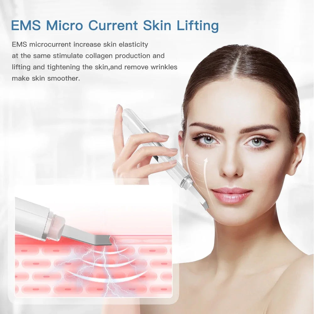 Zora Ultrasonic Facial Skin Scrubber device for cleansing and exfoliation, with a sleek design and control buttons visible.