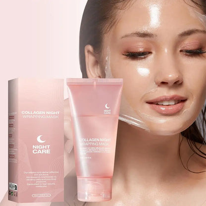 Zora collagen overnight peel-off face mask applied on skin, showcasing skincare treatment for firming and rejuvenation.