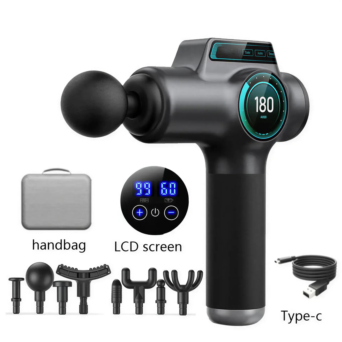 Zora Booster M2 percussion massage gun with ergonomic handle and interchangeable heads for deep muscle relief.