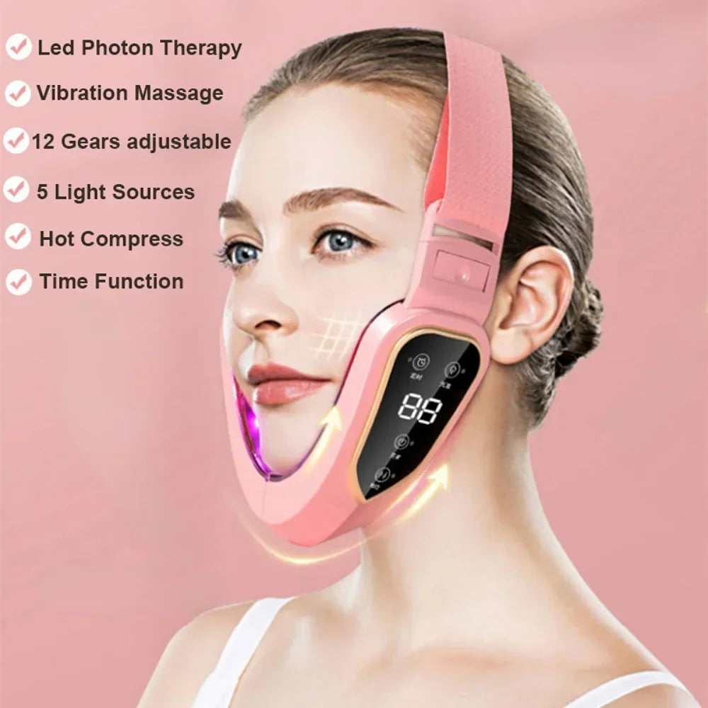 Zora LED facial massage and light therapy belt showing a sleek black device with adjustable straps for skin rejuvenation.