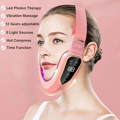 Zora LED facial massage and light therapy belt showing a sleek black device with adjustable straps for skin rejuvenation.