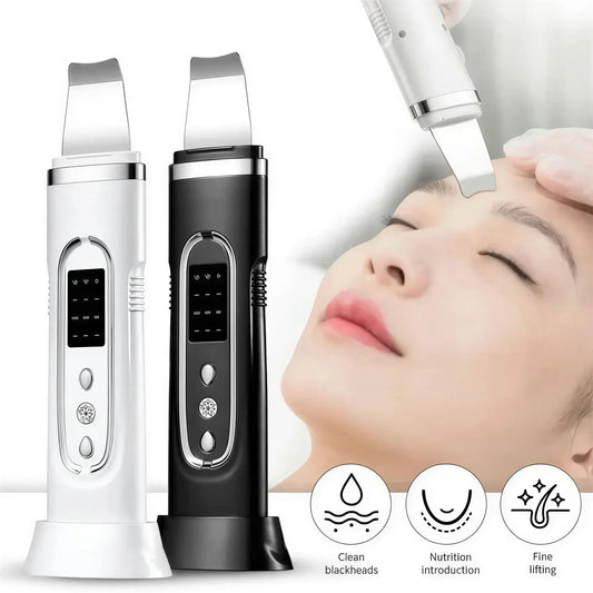 Zora Ultrasonic Facial Skin Scrubber for cleansing and exfoliation, showing the handheld beauty device with stainless steel tip.