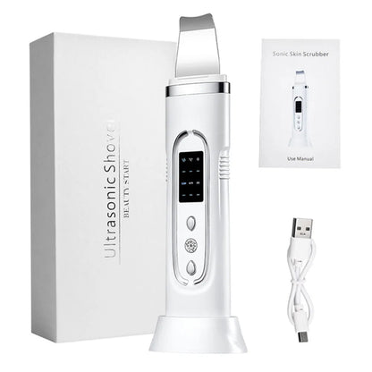 Zora Ultrasonic Facial Skin Scrubber for cleansing and exfoliation, handheld beauty device with metal tip and ergonomic design