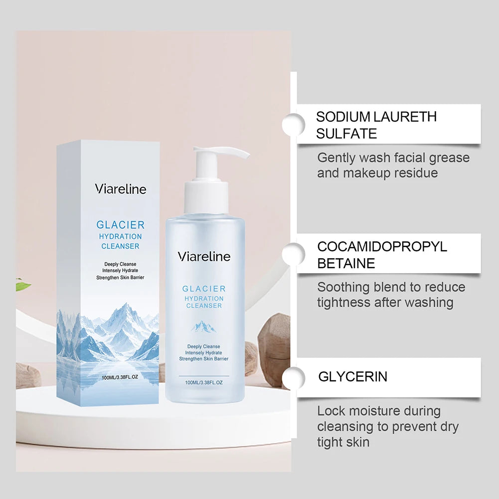 Zora Glacier Hydration Facial Cleanser bottle showing gentle deep pore cleansing skincare product for fresh, clean skin.