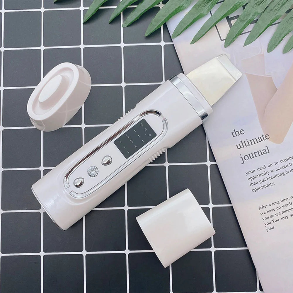 Zora Ultrasonic Facial Skin Scrubber device for deep cleansing and exfoliation, with a sleek design and textured surface.