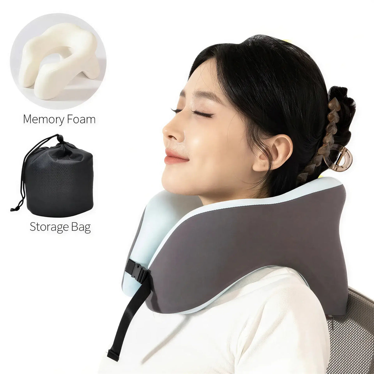 Zora U-Shaped Memory Foam Travel Pillow with ergonomic design and soft cover, ideal for comfortable travel support.