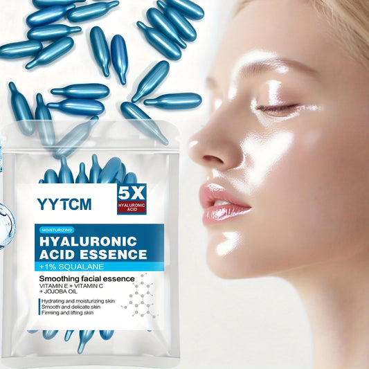 Zora Hyaluronic Acid Essence Capsules for skincare, close-up of the small, transparent capsules filled with hydrating serum.