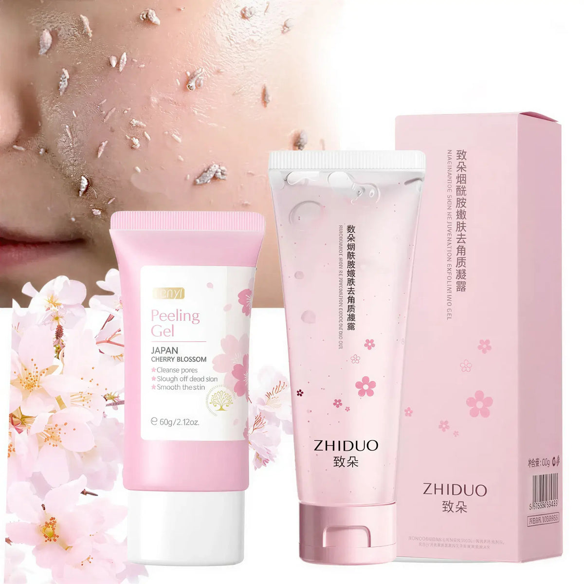Zora Cherry Blossom Exfoliating Gel in a clear tube with cherry blossom imagery, showcasing natural exfoliation ingredients.