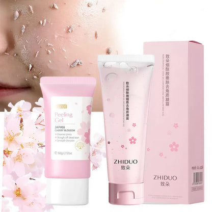 Zora Cherry Blossom Exfoliating Gel in a clear tube with cherry blossom imagery, showcasing natural exfoliation ingredients.