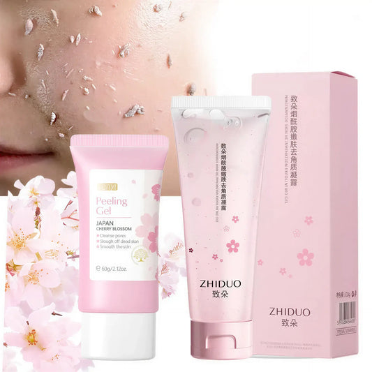 Zora Cherry Blossom Exfoliating Gel in a clear tube with cherry blossom imagery, showcasing natural exfoliation ingredients.