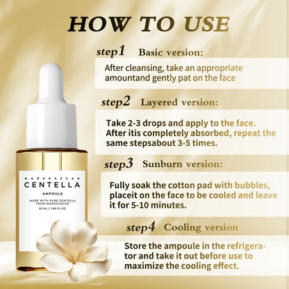 Zora Madagascar Centella Comfort Serum in a clear bottle with dropper for face skincare, highlighting natural ingredients and soothing formula.