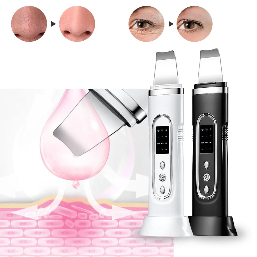 Zora Ultrasonic Facial Skin Scrubber for cleansing and exfoliation, handheld beauty device with metal spatula head.