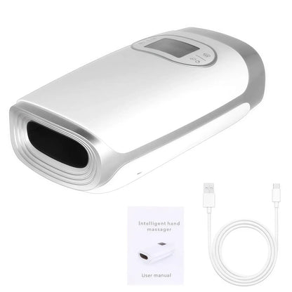 Zora Intelligent Hand Massager with heat and air compression, showing the device fitting a hand for soothing massage therapy.