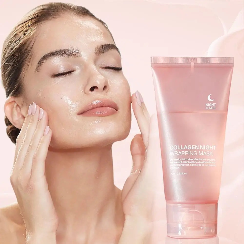 Zora Collagen Overnight Peel-Off Face Mask applied on skin, showcasing a skincare product for rejuvenation and hydration.