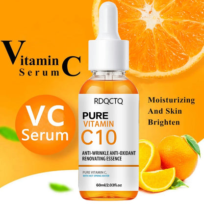 Zora Vitamin C Face Serum with thermal spring water in a clear glass bottle, showcasing the serum's smooth, vibrant orange hue.
