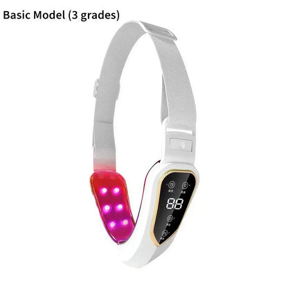 Zora LED facial massage belt with light therapy features, showing a close-up of the sleek, flexible device on a user’s face.