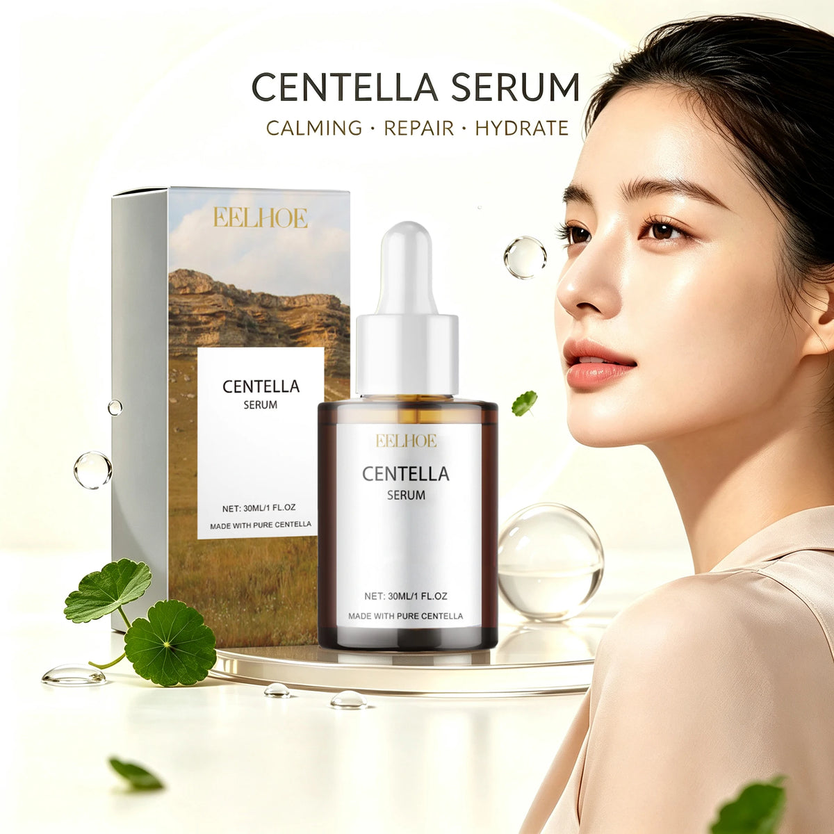 Zora Centella Asiatica Gotu Kola Serum in a clear glass bottle with dropper, designed for soothing facial skincare.