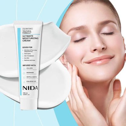 Zora NIDA Daily Moisturizing Cream in a jar, smooth cream texture for face hydration, with fresh, natural ingredients visible.