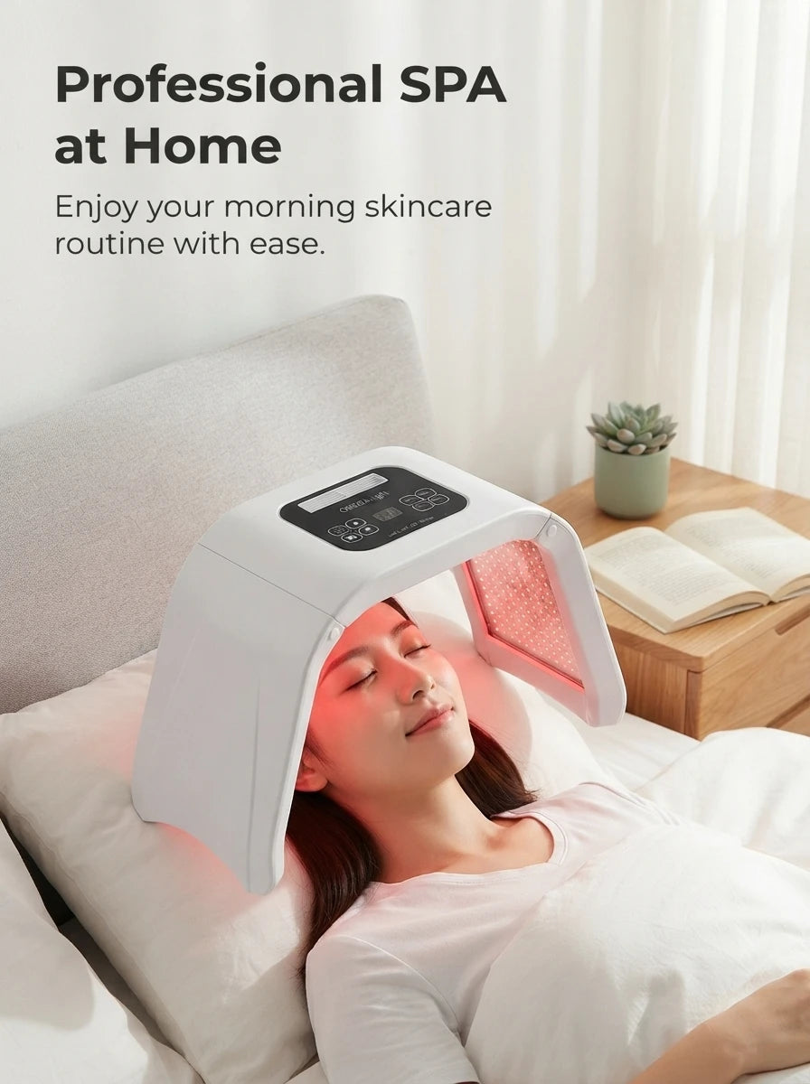 Zora 7-color LED facial and body mask showing a sleek black device with multiple LED light panels for skin therapy.