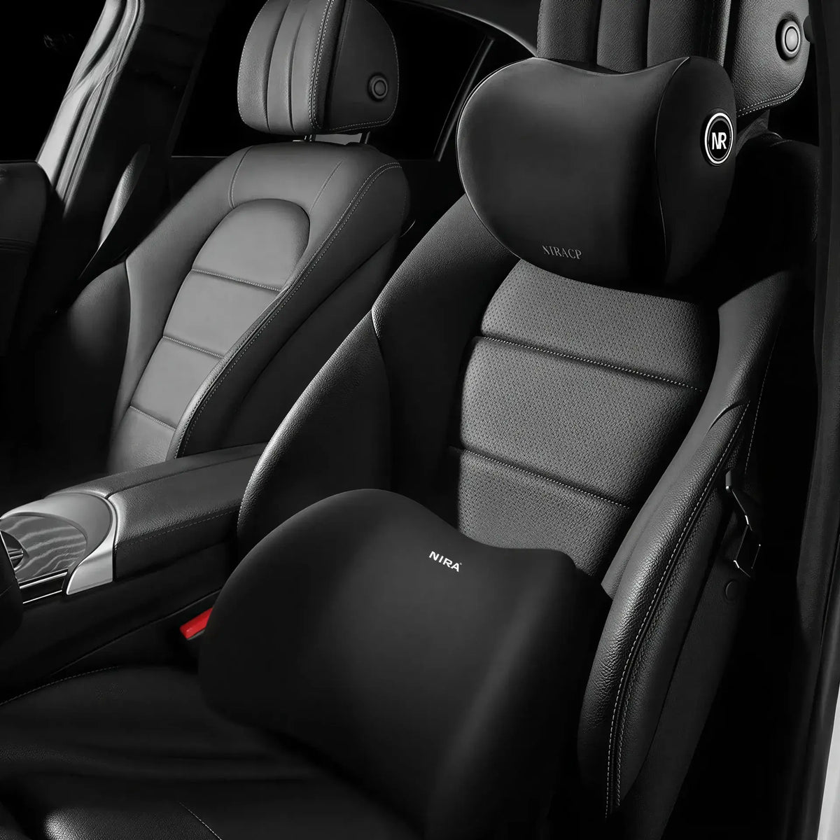 Zora Memory Foam Car Headrest and Lumbar Cushion set, ergonomic car accessories for enhanced comfort and support.