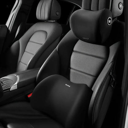 Zora Memory Foam Car Headrest and Lumbar Cushion set, ergonomic car accessories for enhanced comfort and support.