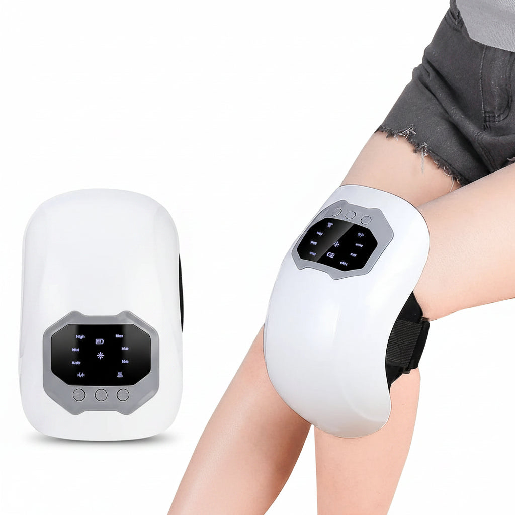 Zora cordless knee massager with heat, compression, and vibration features, shown on a person's knee for pain relief and relaxation.