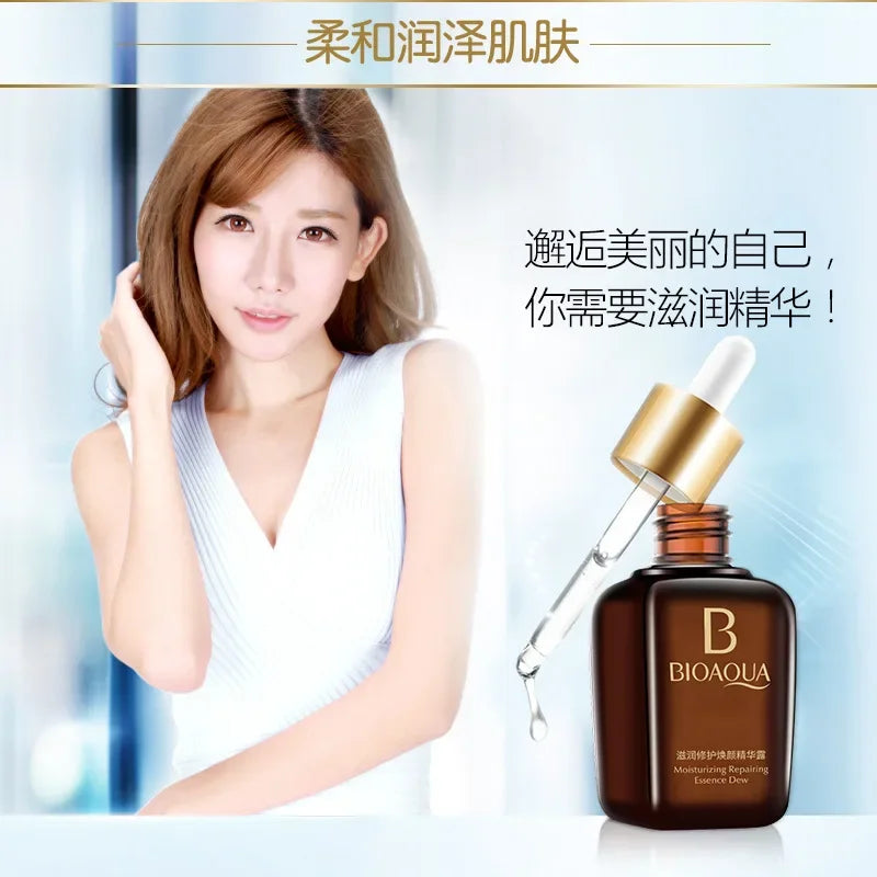 Zora Hydrating Facial Serum bottle with dropper, showcasing clear liquid and sleek packaging for nourishing skin.