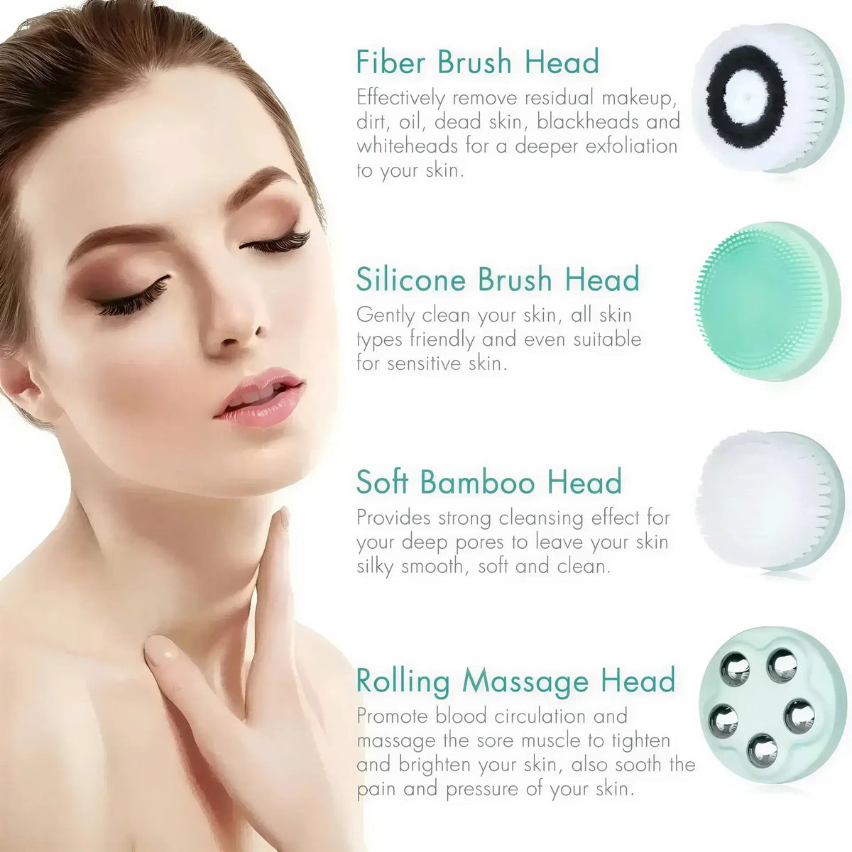 Zora 4-in-1 waterproof electric facial cleansing brush with multiple attachments for deep skin cleansing.
