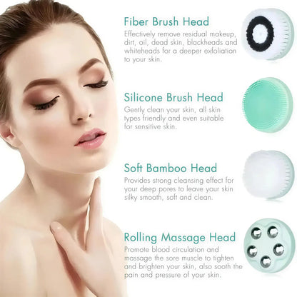 Zora 4-in-1 waterproof electric facial cleansing brush with multiple attachments for deep skin cleansing.