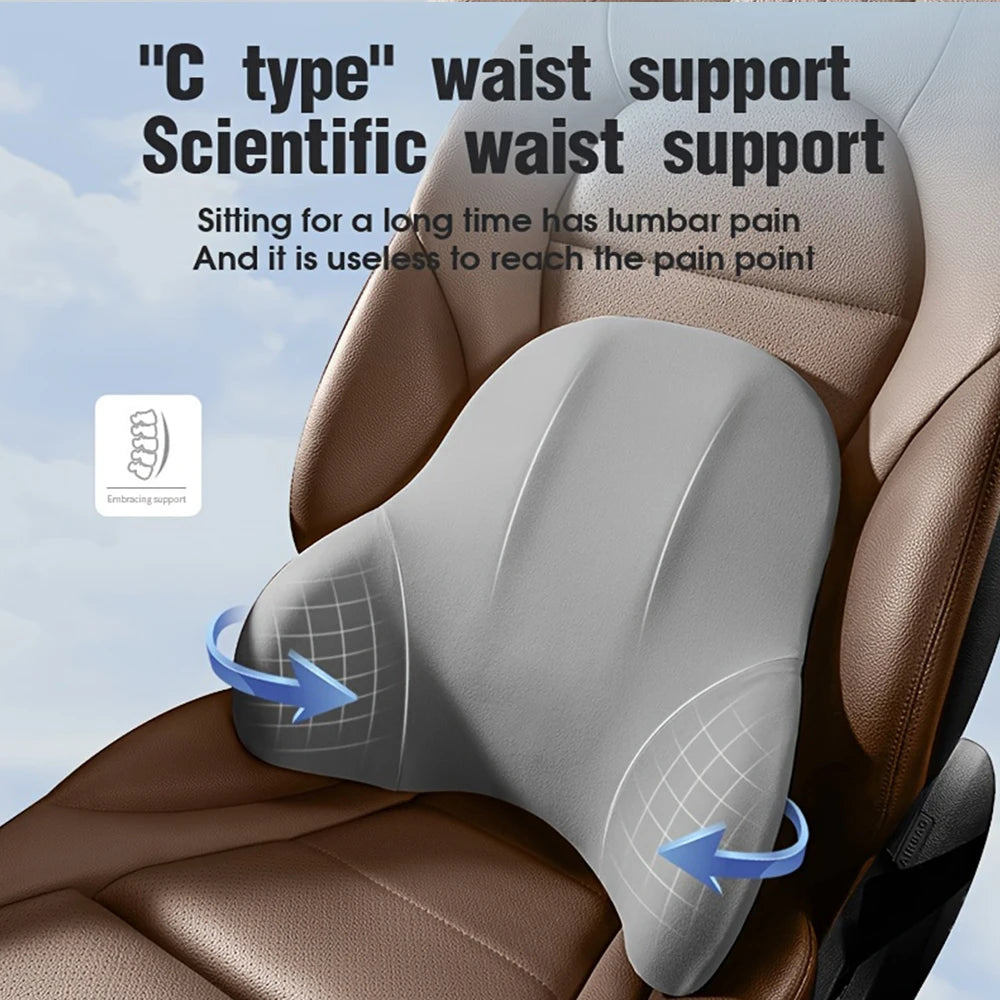 Zora Memory Foam Car Headrest Pillow supporting neck and head for comfortable driving, attached to car seat.