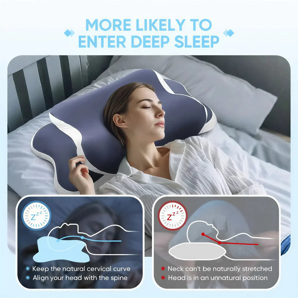 Zora Memory Foam Cervical Pillow showing ergonomic shape and soft cover for neck support and comfort during sleep.