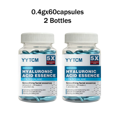 Zora Hyaluronic Acid Essence Capsules skincare product in a clear jar with capsules ready for skincare use