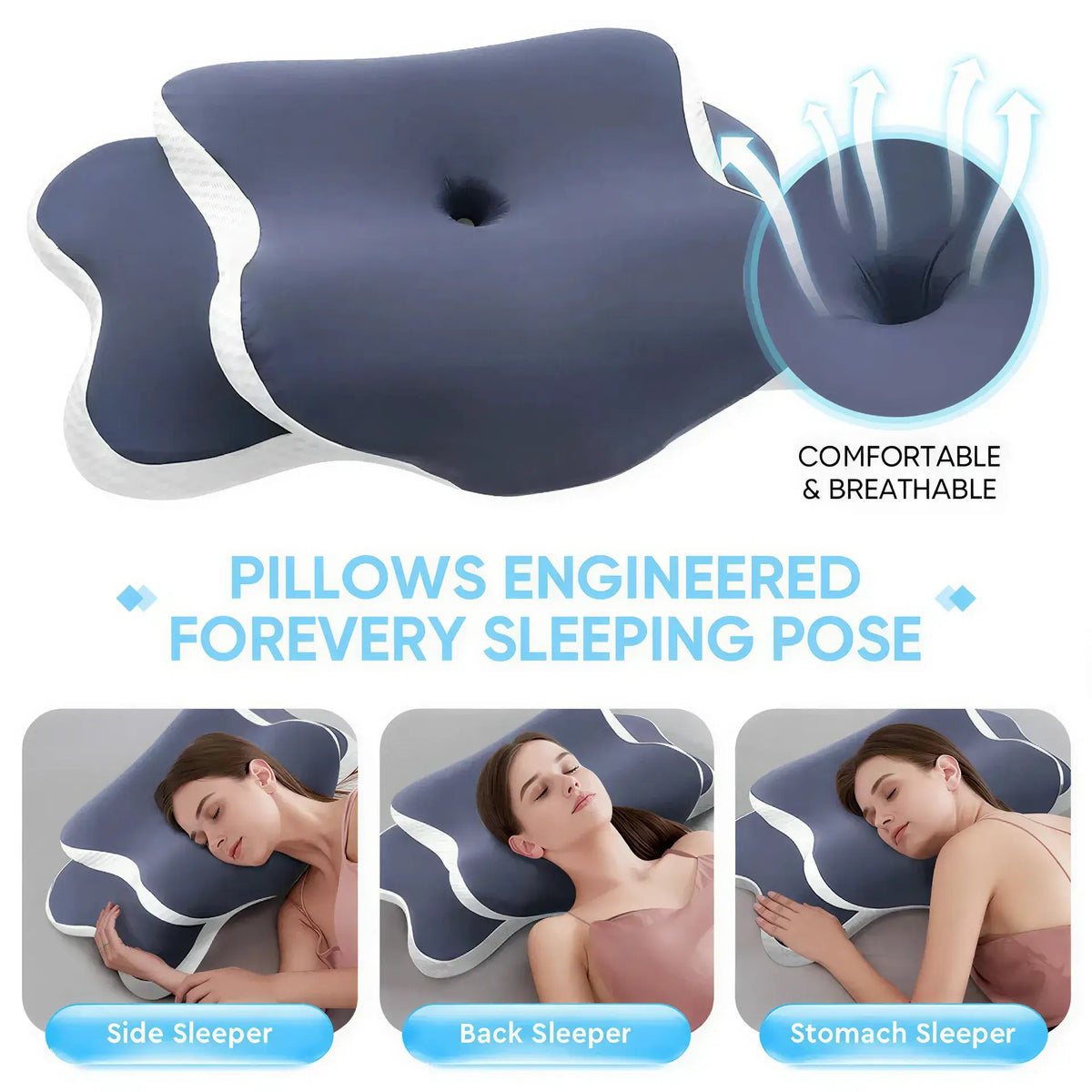 Zora Memory Foam Cervical Pillow shown with ergonomic design and soft, supportive memory foam for neck comfort and proper alignment.