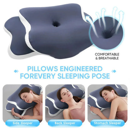 Zora Memory Foam Cervical Pillow shown with ergonomic design and soft, supportive memory foam for neck comfort and proper alignment.