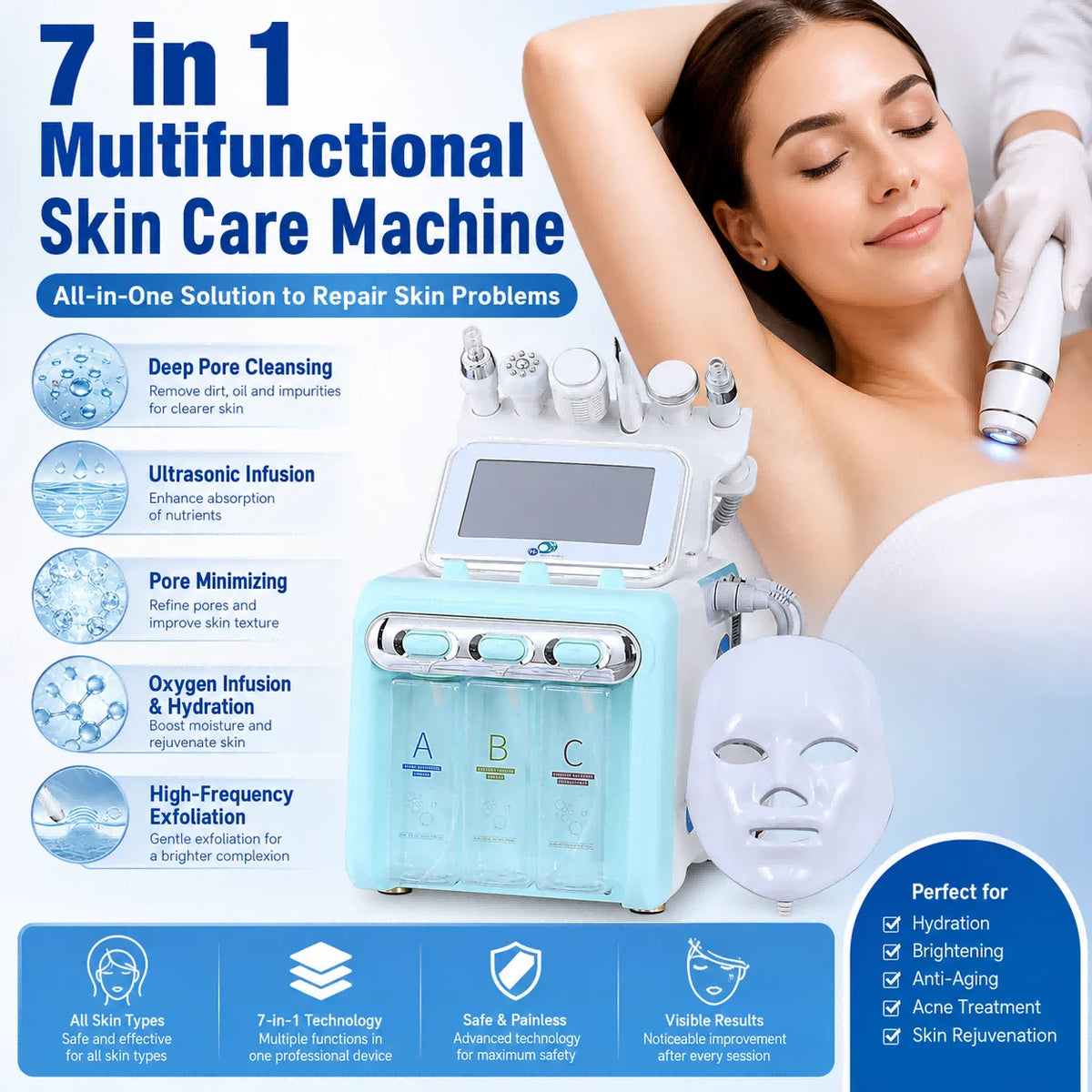 Zora 7-in-1 Hydro Facial Care System with multiple attachments for deep cleansing and skin hydration.