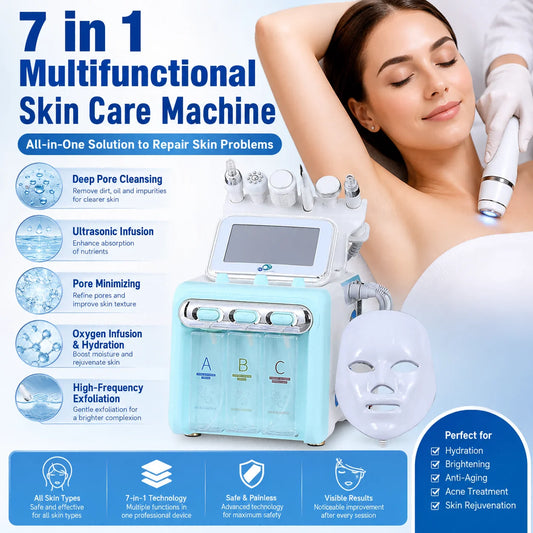 Zora 7-in-1 Hydro Facial Care System with multiple attachments for deep cleansing and skin hydration.