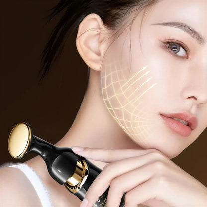 Zora Microcurrent Facial and Neck Massager with sleek design, used for facial and neck muscle toning and skincare therapy.