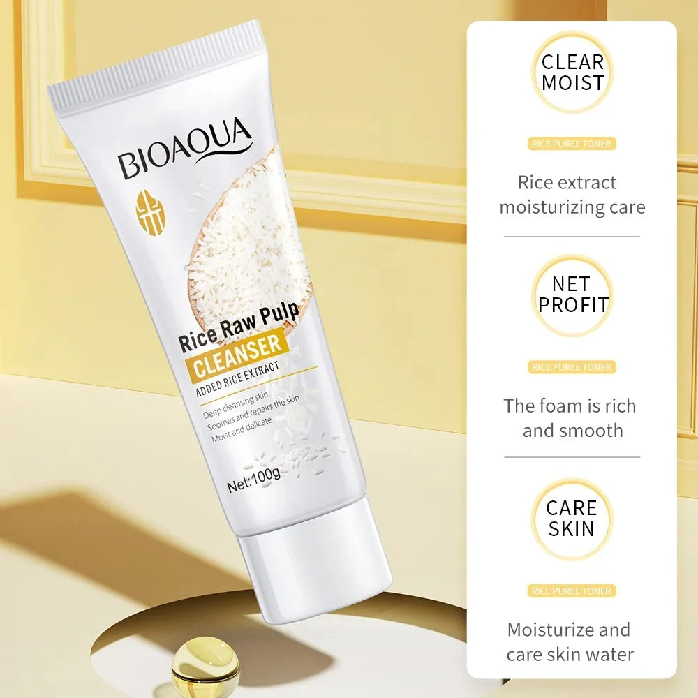Zora Rice Facial Cleansing Foam in a pump bottle, gentle daily cleanser for smooth, clean skin with rice extract for skincare.