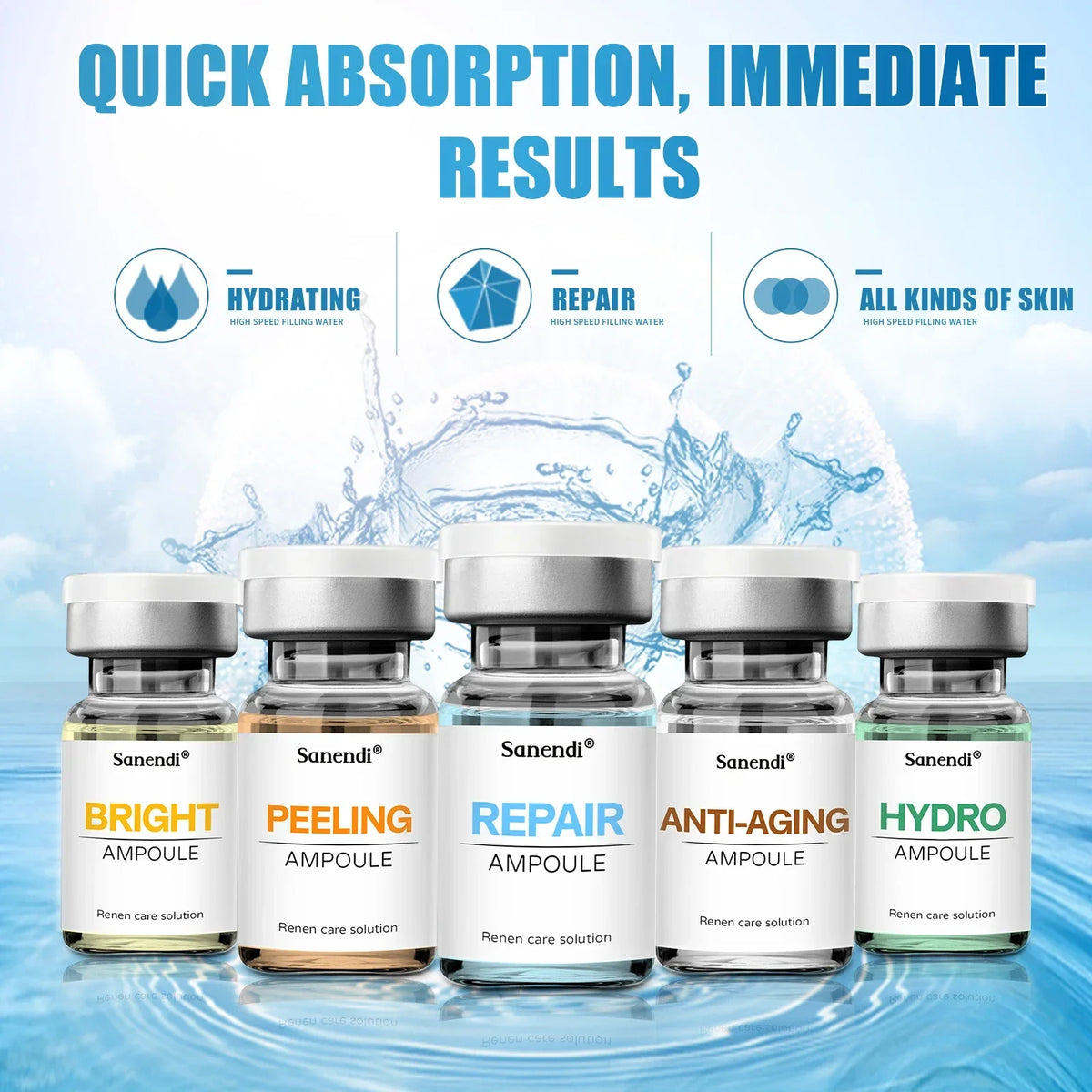Zora Jet Peel Facial Ampoule Serum Set with five skincare serums in sleek bottles, part of Zora's skincare ritual.
