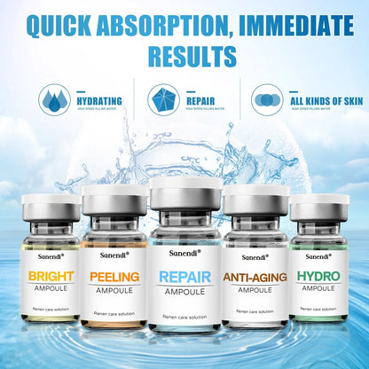 Zora Jet Peel Facial Ampoule Serum Set with five skincare serums in sleek bottles, part of Zora's skincare ritual.