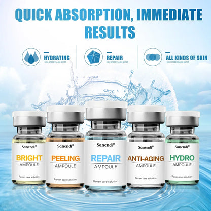 Zora Jet Peel Facial Ampoule Serum Set with five skincare serums in sleek bottles for a complete skincare ritual.