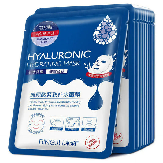 Zora Hyaluronic Acid Hydrating Facial Sheet Mask pack with 10 moisturizing skincare face masks, soft fabric with serum.