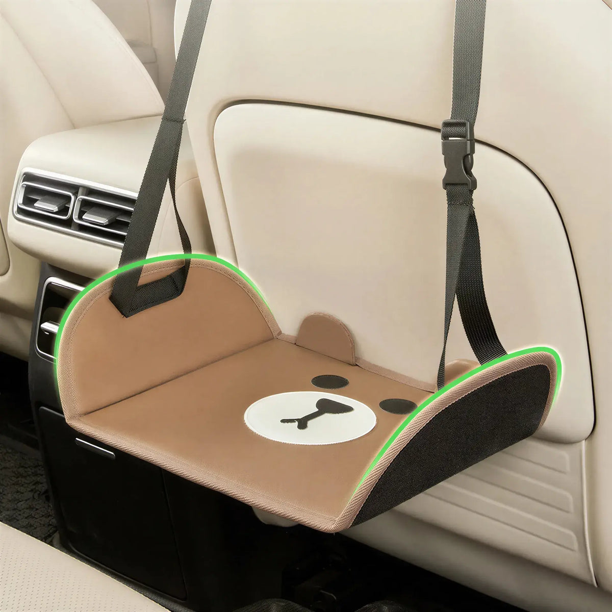 Zora adjustable car and travel foot hammock attached to car seats, providing comfort during travel.