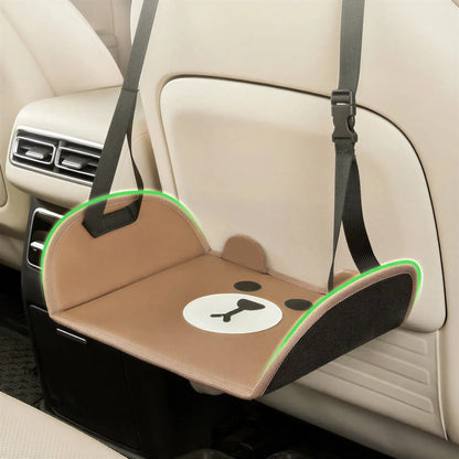Zora adjustable car and travel foot hammock attached to car seats, providing comfort during travel.