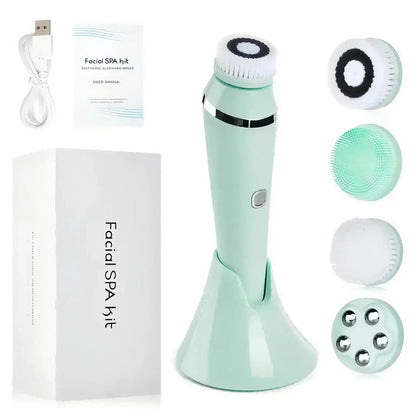 Zora 4-in-1 waterproof electric facial cleansing brush with multiple heads for deep skin cleansing and gentle exfoliation.